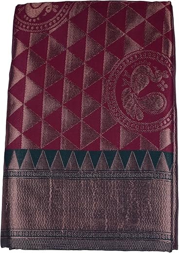 VISHWA JANANI Burgundy Saree with Diamond Patterns and Paisley Motifs, 100% Cotton