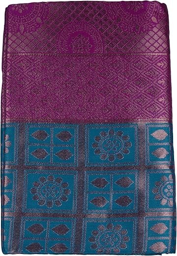 VISHWA JANANI Handloom Silk Saree with Teal and Purple Floral Motifs