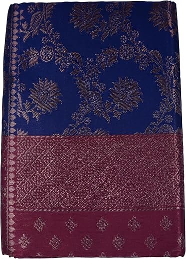 VISHWA JANANI Handwoven Maroon and Navy Blue Saree with Floral Motifs, 100% Cotton