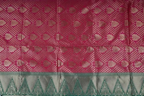 VISHWA JANANI Handwoven Silk Saree with Intricate Geometric Patterns, Pink and Green