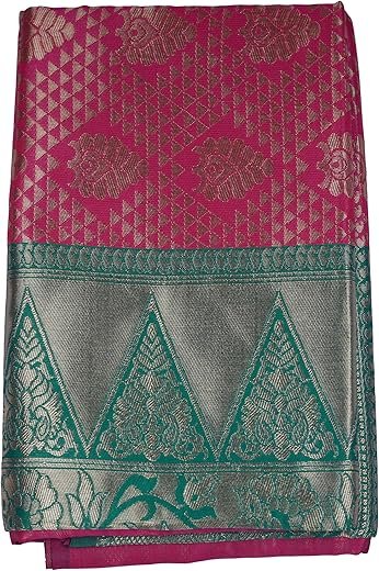 VISHWA JANANI Handwoven Silk Saree with Intricate Geometric Patterns, Pink and Green