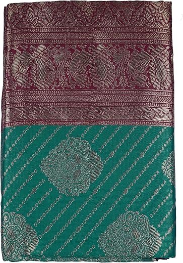 VISHWA JANANI Handwoven Silk Saree with Maroon and Green Motifs, 6 Metres